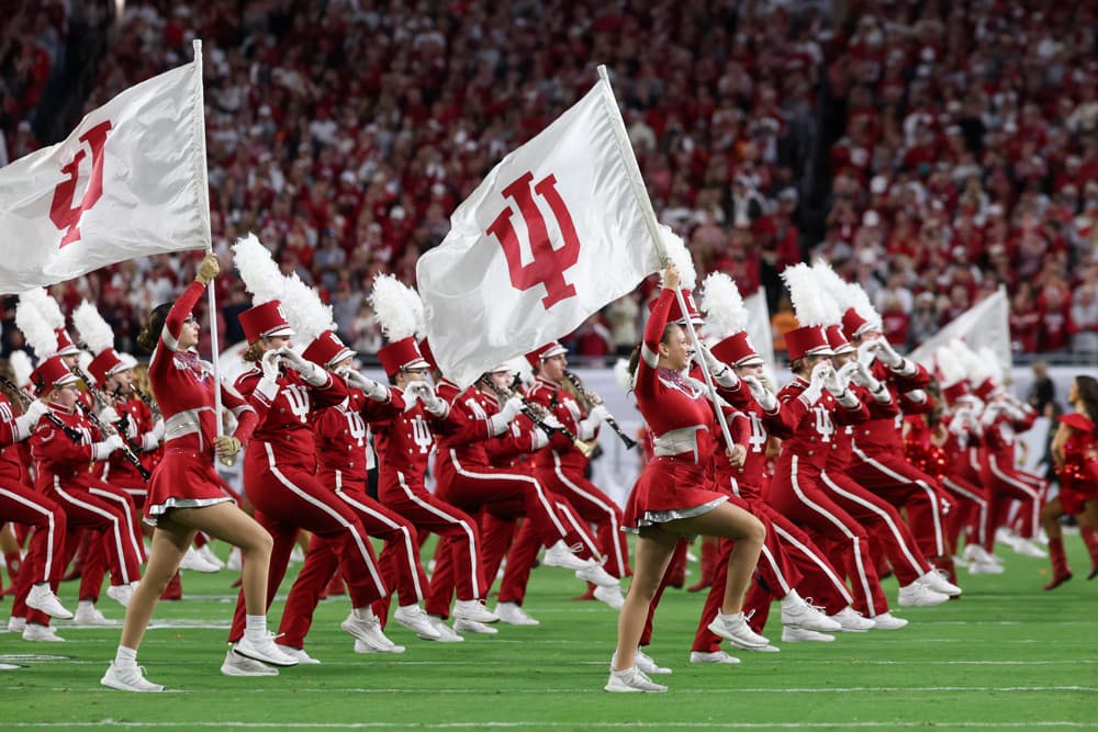 The Indiana marching band and flags before the national championship game