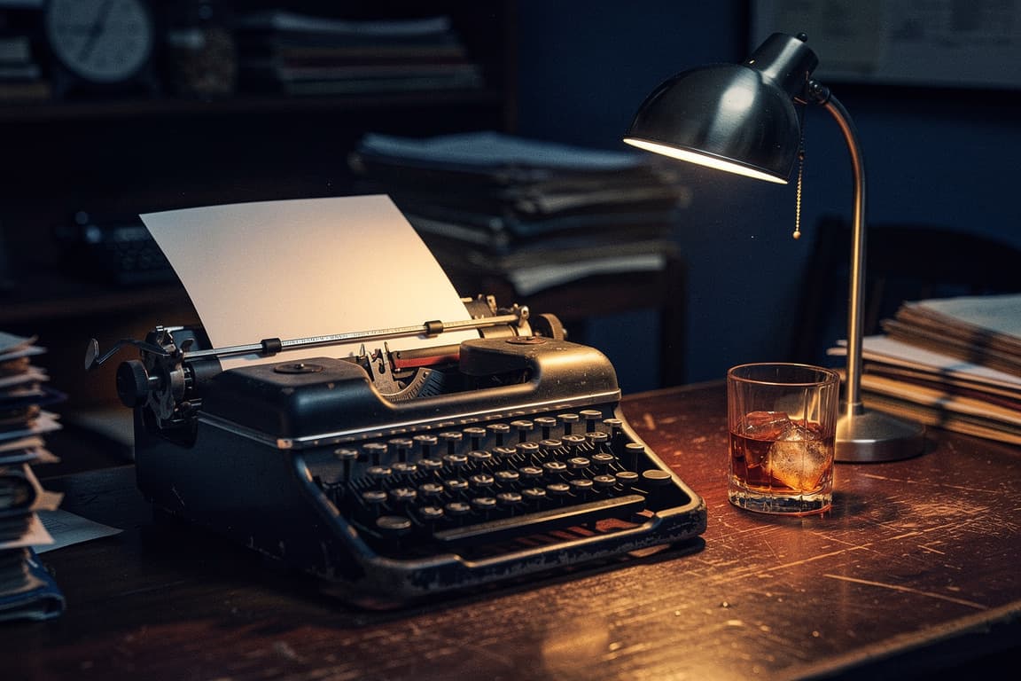 A sportswriter's desk, typewriter mid-page